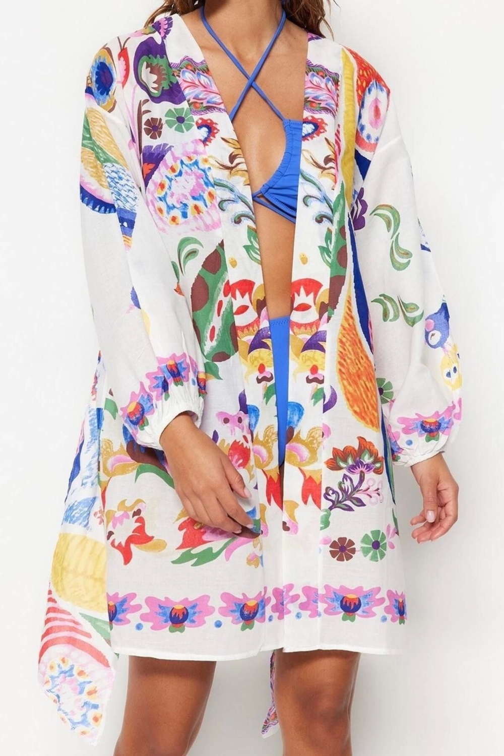 Moda Dokuma Regular Kalıp Uzun V Yaka Balon Kol Vual Basic Etnik Desen Kimono Kaftan