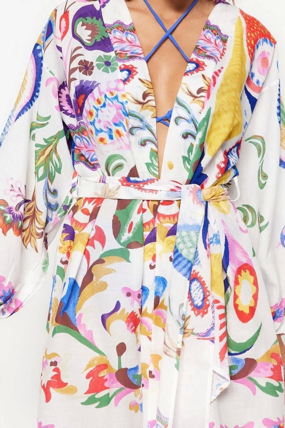 Moda Dokuma Regular Kalıp Uzun V Yaka Balon Kol Vual Basic Etnik Desen Kimono Kaftan