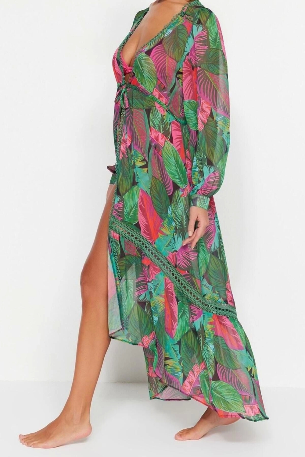 Moda Dokuma Rahat Kalıp Midi V Yaka Balon Kol Şifon Basic Tropikal Desen Kimono Kaftan