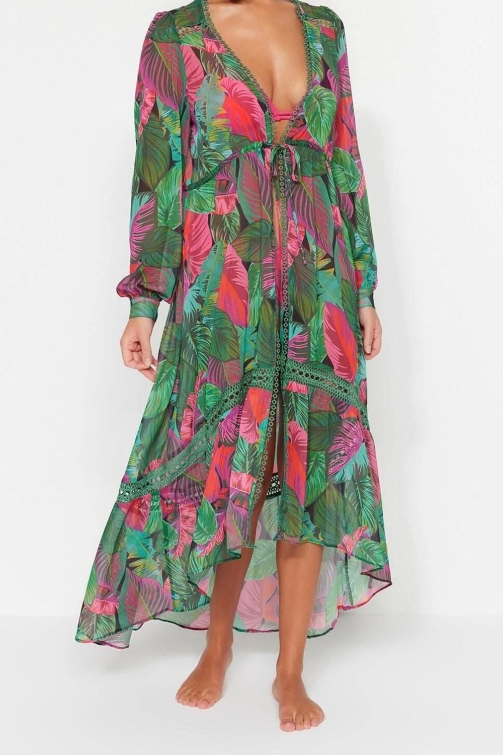 Moda Dokuma Rahat Kalıp Midi V Yaka Balon Kol Şifon Basic Tropikal Desen Kimono Kaftan
