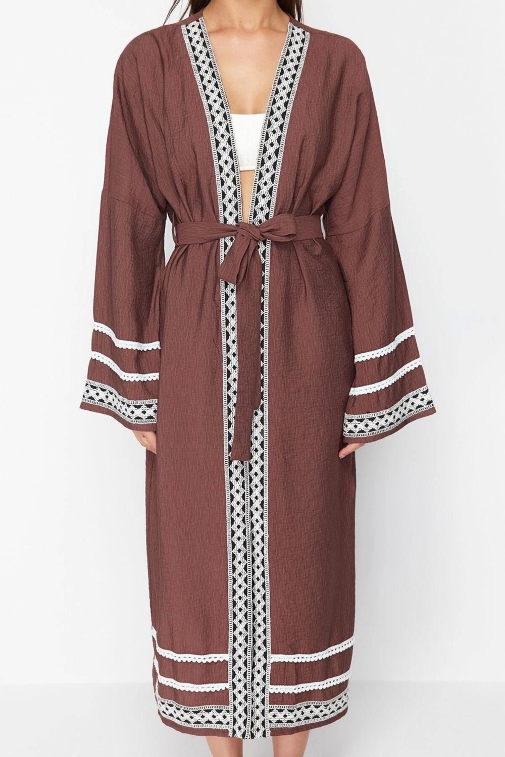 Moda Dokuma Rahat Kalıp Uzun Kruvaze Standart Kol Vual Basic Düz Desen Kimono Kaftan