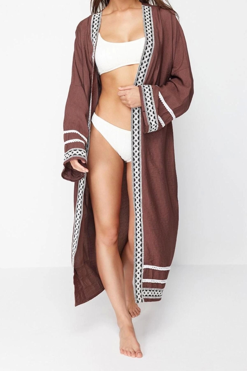 Moda Dokuma Rahat Kalıp Uzun Kruvaze Standart Kol Vual Basic Düz Desen Kimono Kaftan
