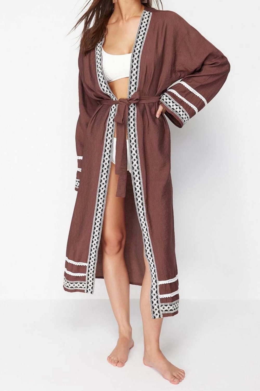 Moda Dokuma Rahat Kalıp Uzun Kruvaze Standart Kol Vual Basic Düz Desen Kimono Kaftan