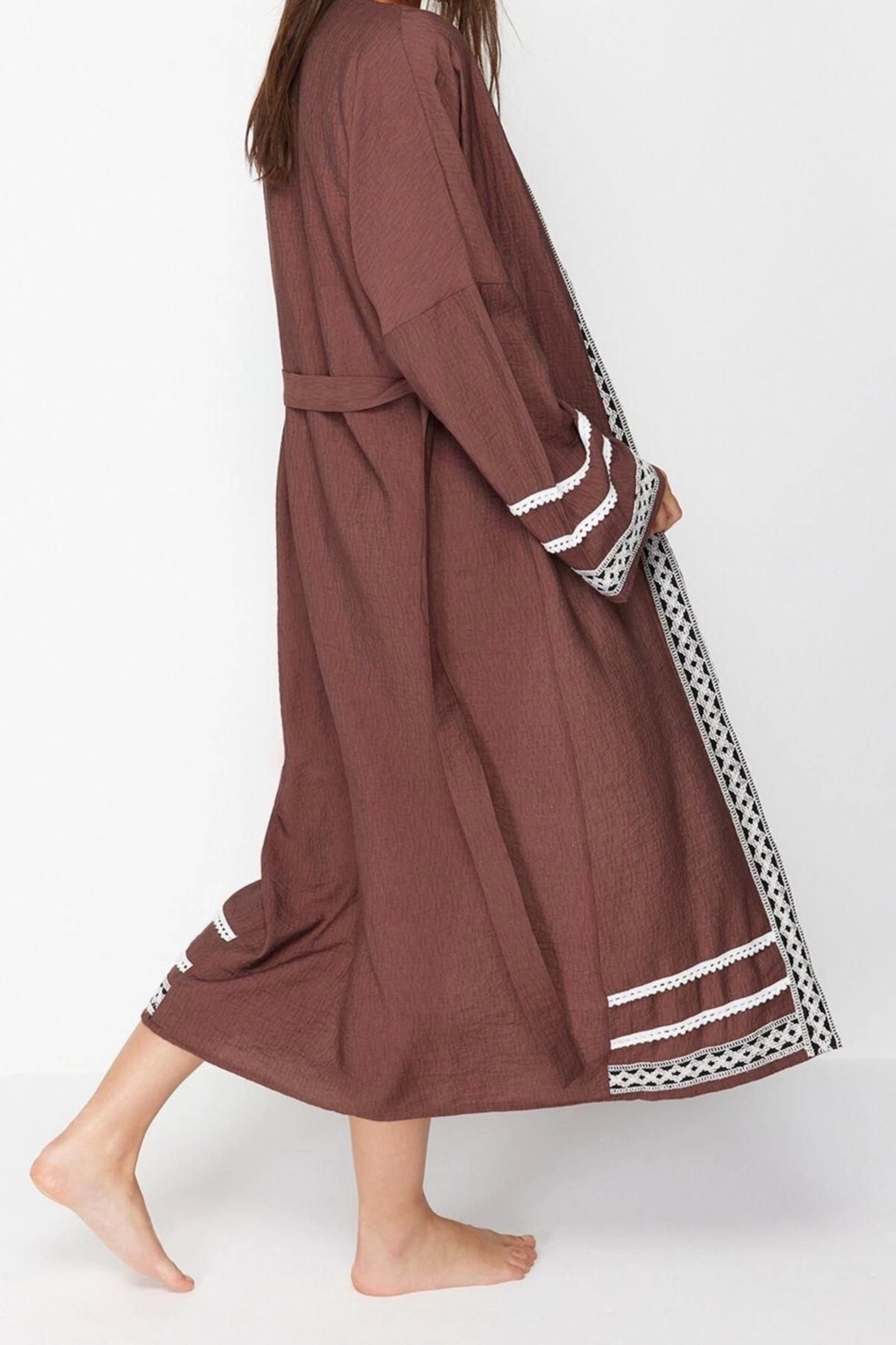 Moda Dokuma Rahat Kalıp Uzun Kruvaze Standart Kol Vual Basic Düz Desen Kimono Kaftan