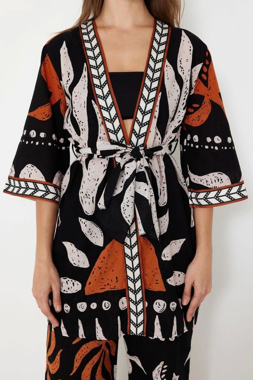 Moda Dokuma Regular Kalıp Crop V Yaka Standart Kol Vual Basic Etnik Desen Kimono Kaftan