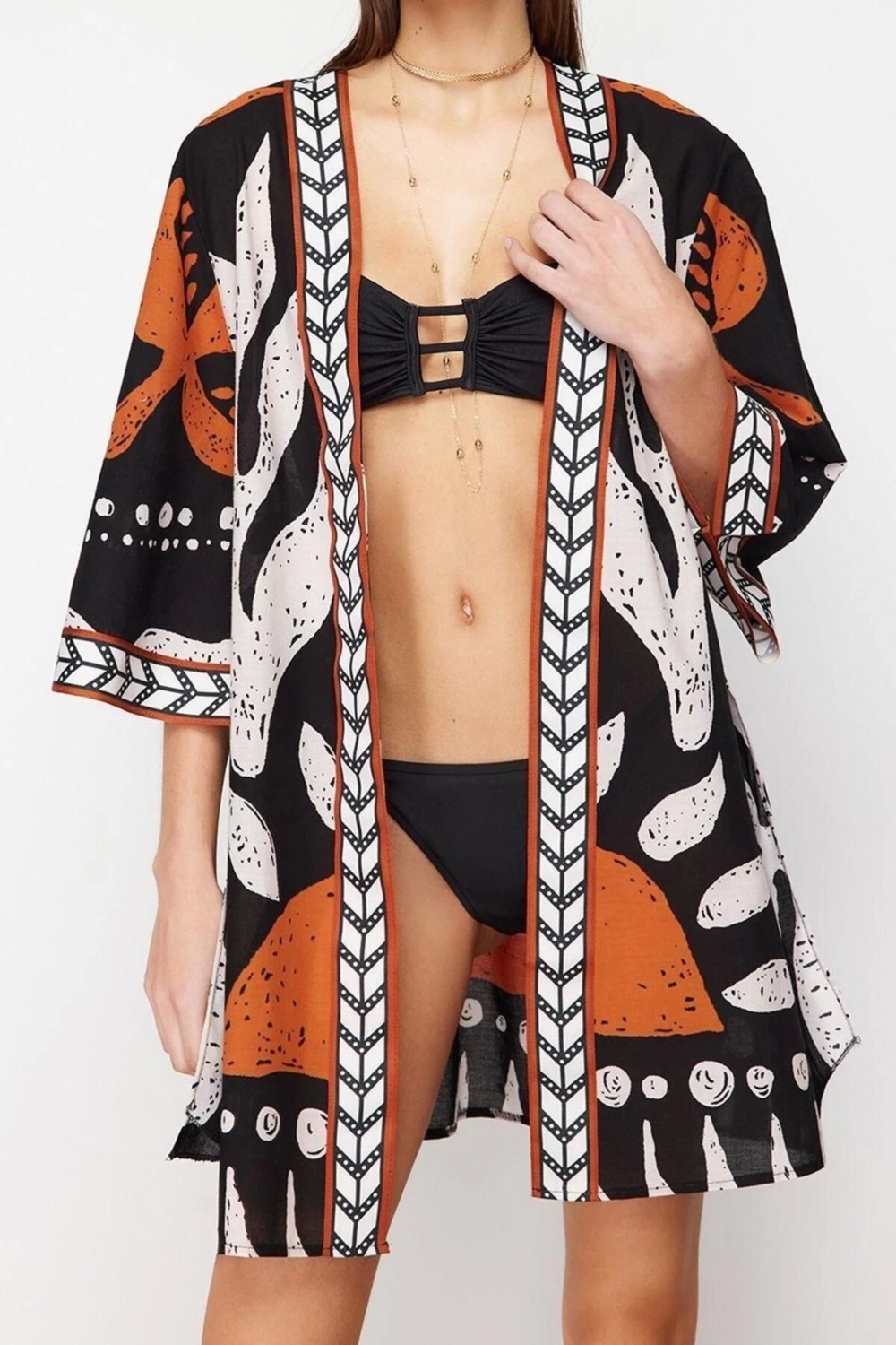 Moda Dokuma Regular Kalıp Crop V Yaka Standart Kol Vual Basic Etnik Desen Kimono Kaftan