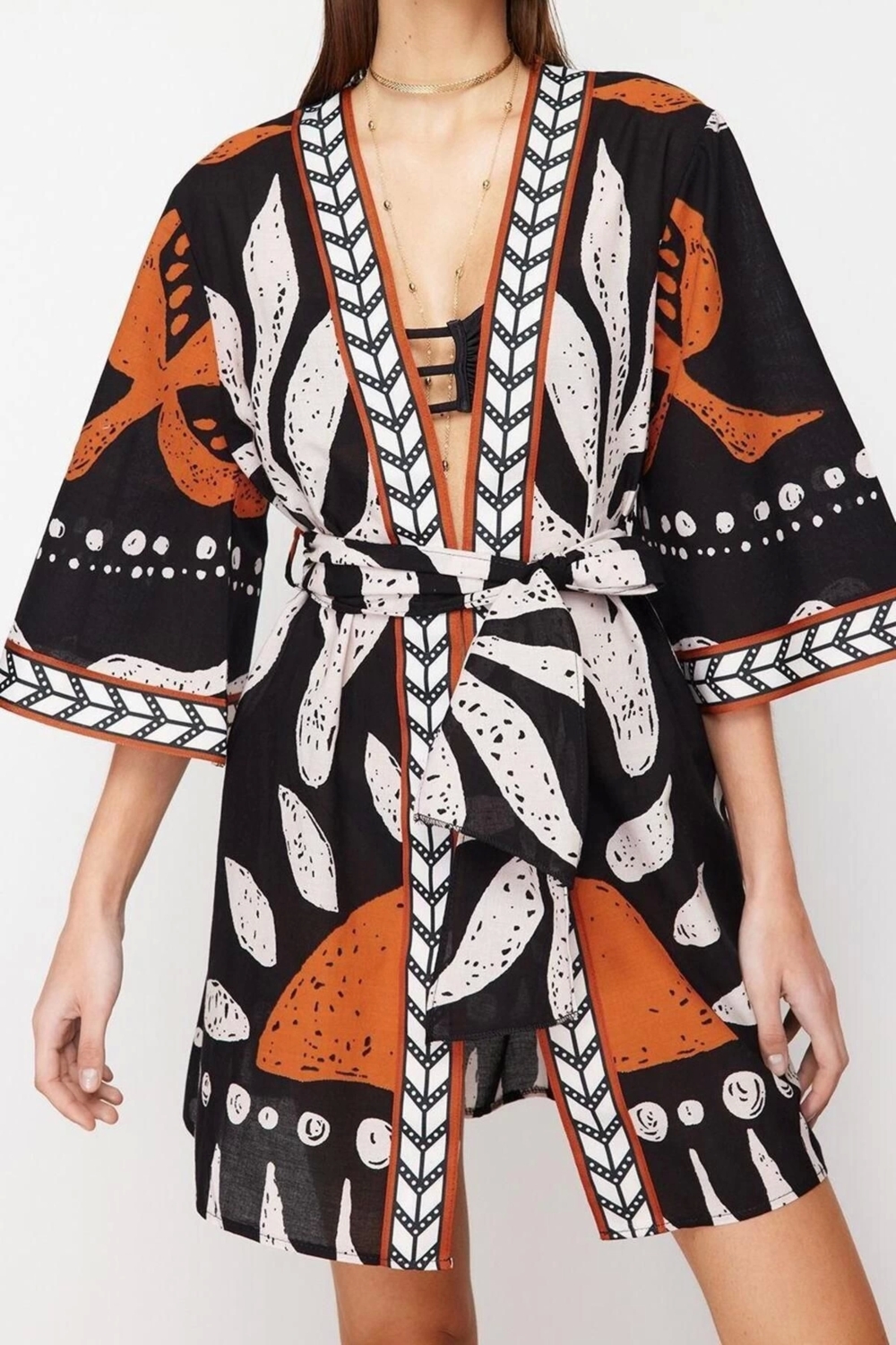 Moda Dokuma Regular Kalıp Crop V Yaka Standart Kol Vual Basic Etnik Desen Kimono Kaftan