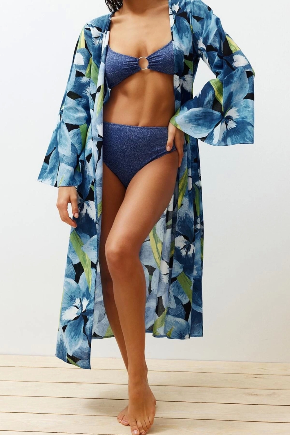 Moda Örme Regular Kalıp Uzun Kruvaze Standart Kol Vual Basic Çiçekli Desen Kimono Kaftan