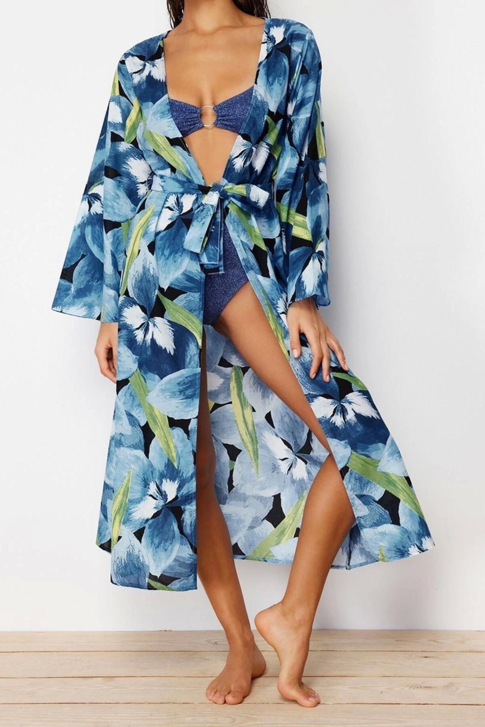 Moda Örme Regular Kalıp Uzun Kruvaze Standart Kol Vual Basic Çiçekli Desen Kimono Kaftan