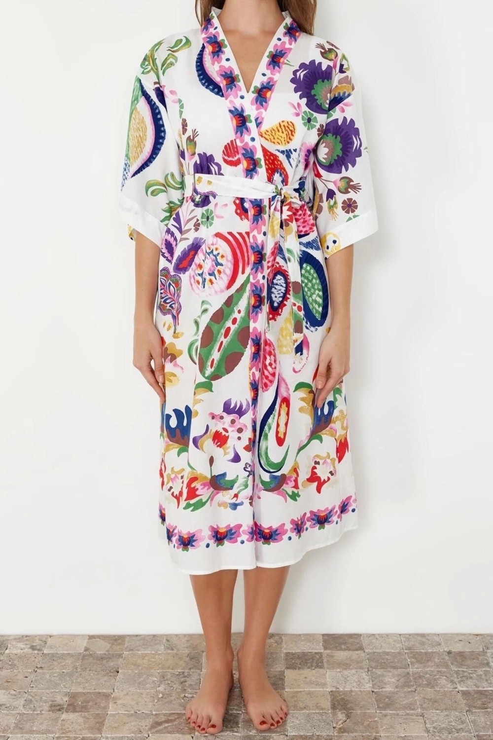 Moda Dokuma Regular Kalıp Uzun V Yaka Standart Kol Vual Basic Şal Desen Kimono Kaftan