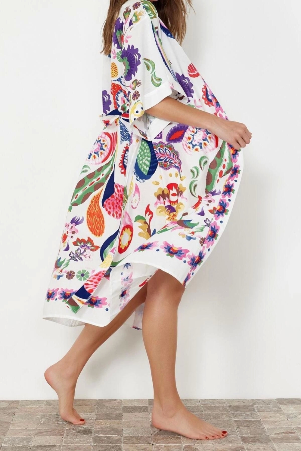 Moda Dokuma Regular Kalıp Uzun V Yaka Standart Kol Vual Basic Şal Desen Kimono Kaftan