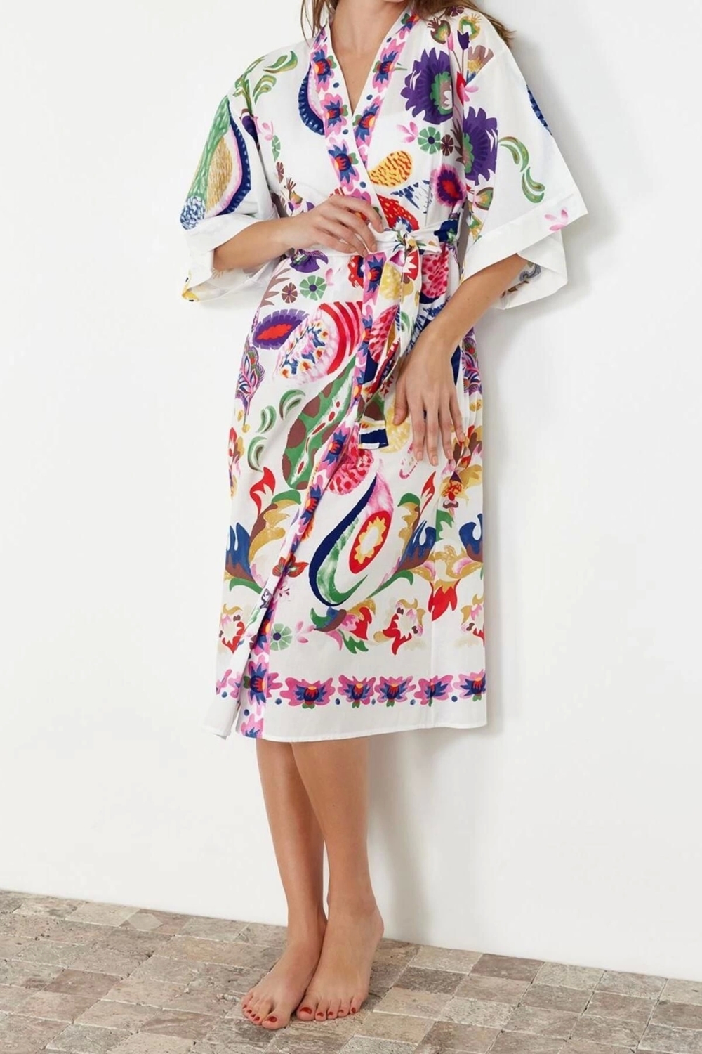 Moda Dokuma Regular Kalıp Uzun V Yaka Standart Kol Vual Basic Şal Desen Kimono Kaftan
