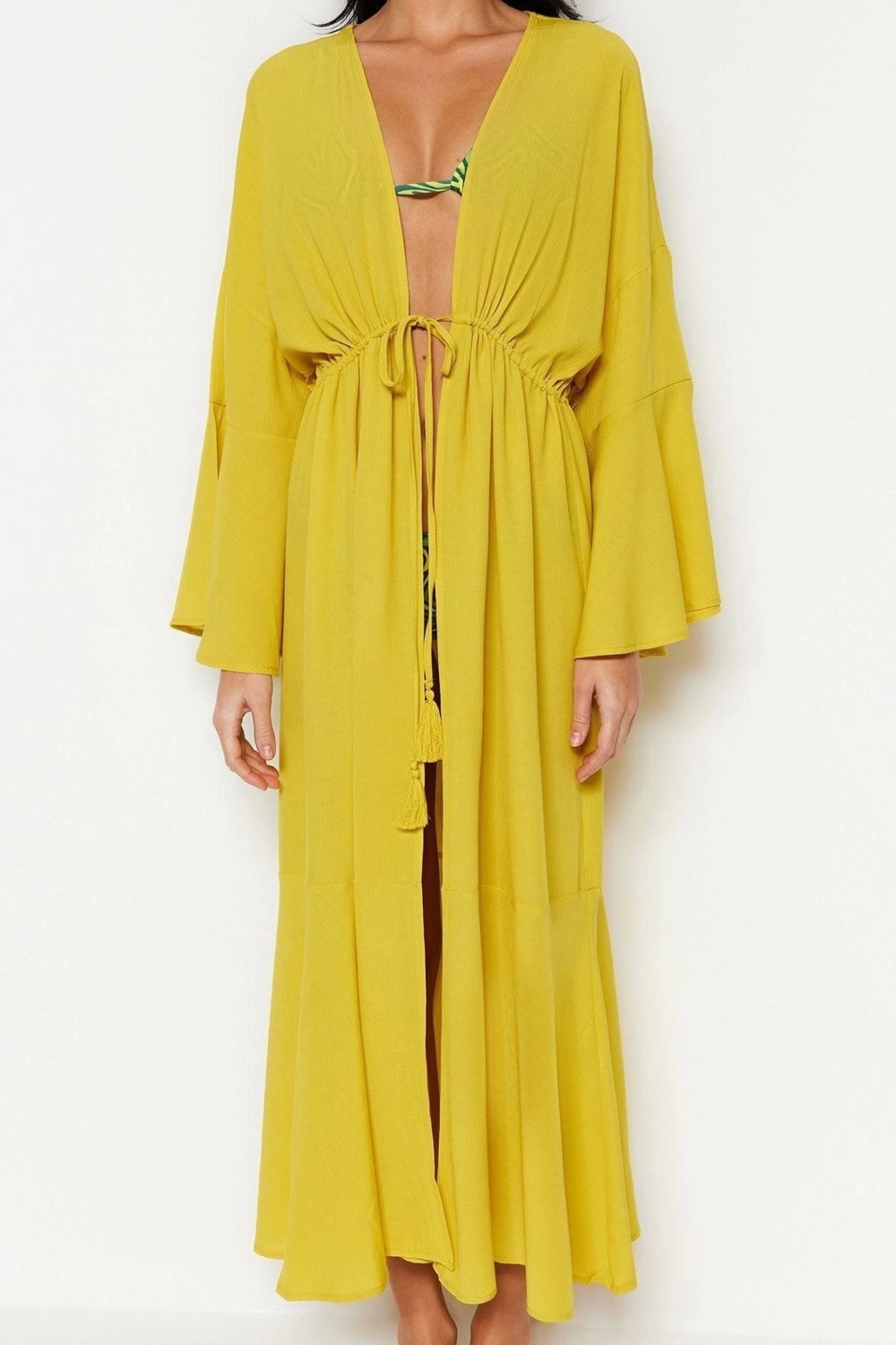 Moda Dokuma Oversize Kalıp Uzun Şal Yaka Standart Kol Shally Basic Düz Desen Kimono Kaftan