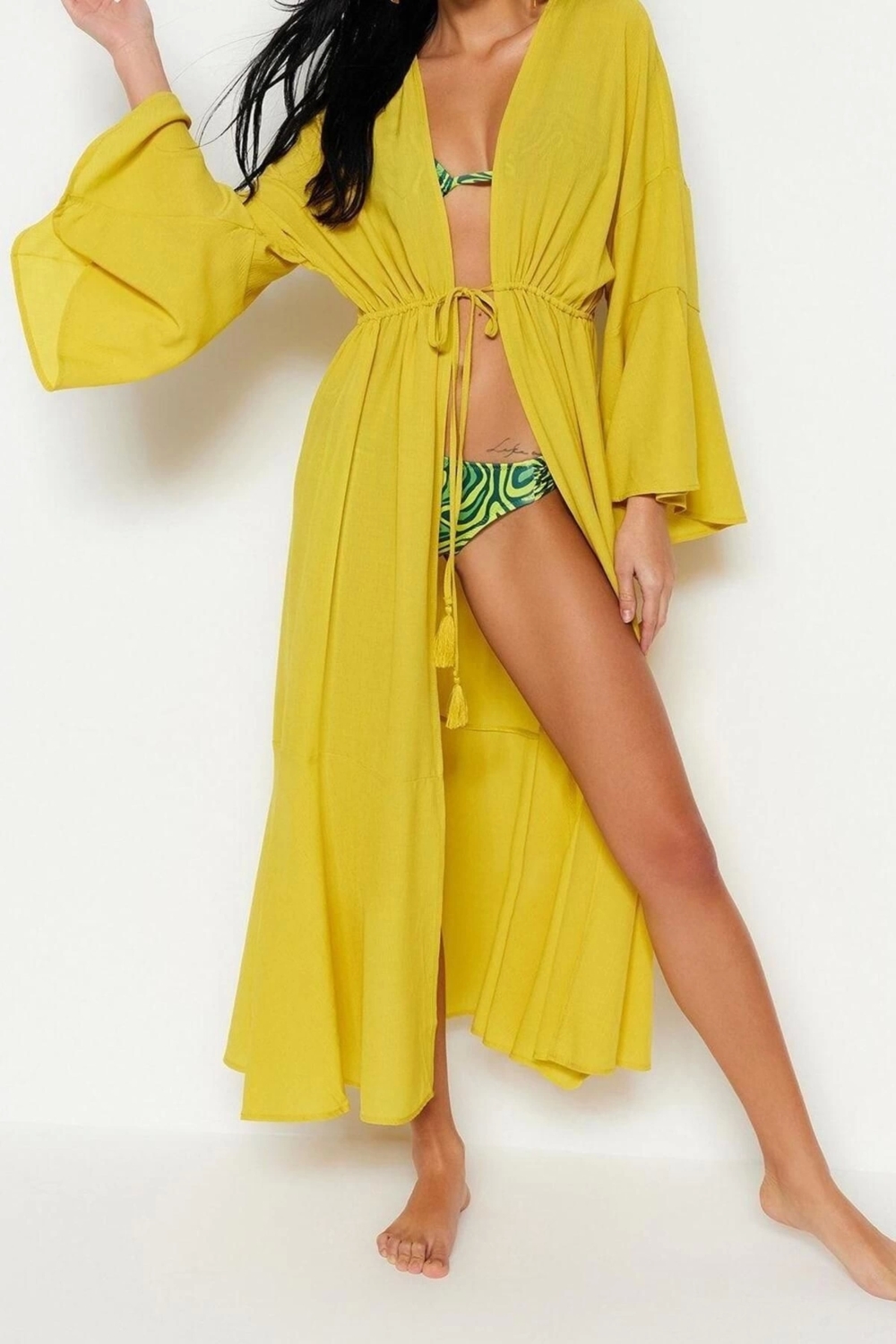 Moda Dokuma Oversize Kalıp Uzun Şal Yaka Standart Kol Shally Basic Düz Desen Kimono Kaftan