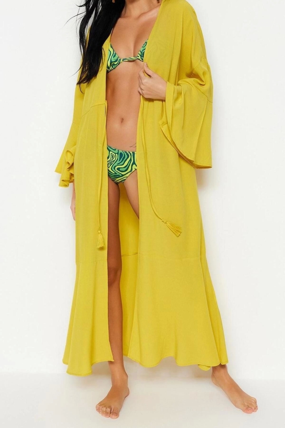 Moda Dokuma Oversize Kalıp Uzun Şal Yaka Standart Kol Shally Basic Düz Desen Kimono Kaftan