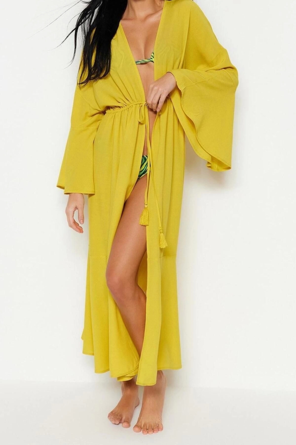 Moda Dokuma Oversize Kalıp Uzun Şal Yaka Standart Kol Shally Basic Düz Desen Kimono Kaftan