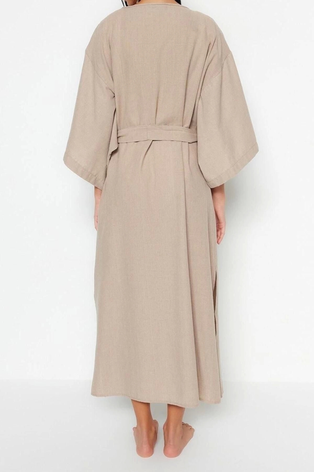 Moda Dokuma Regular Kalıp Midi V Yaka İspanyol Kol Keten görünümlü Basic Düz Desen Kimono Kaftan