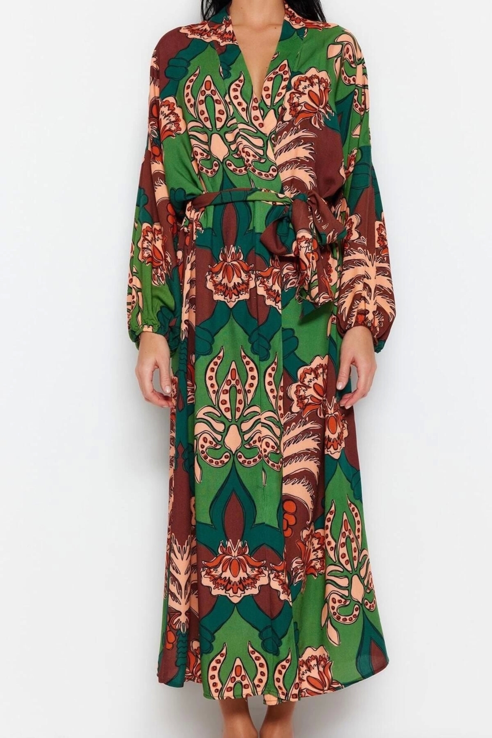 Moda Dokuma Regular Kalıp Uzun Şal Yaka Standart Kol Shally Basic Tropikal Desen Kimono Kaftan