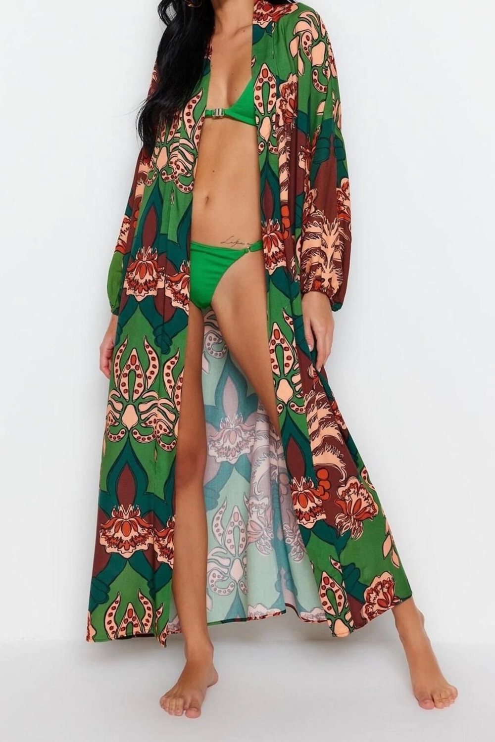 Moda Dokuma Regular Kalıp Uzun Şal Yaka Standart Kol Shally Basic Tropikal Desen Kimono Kaftan