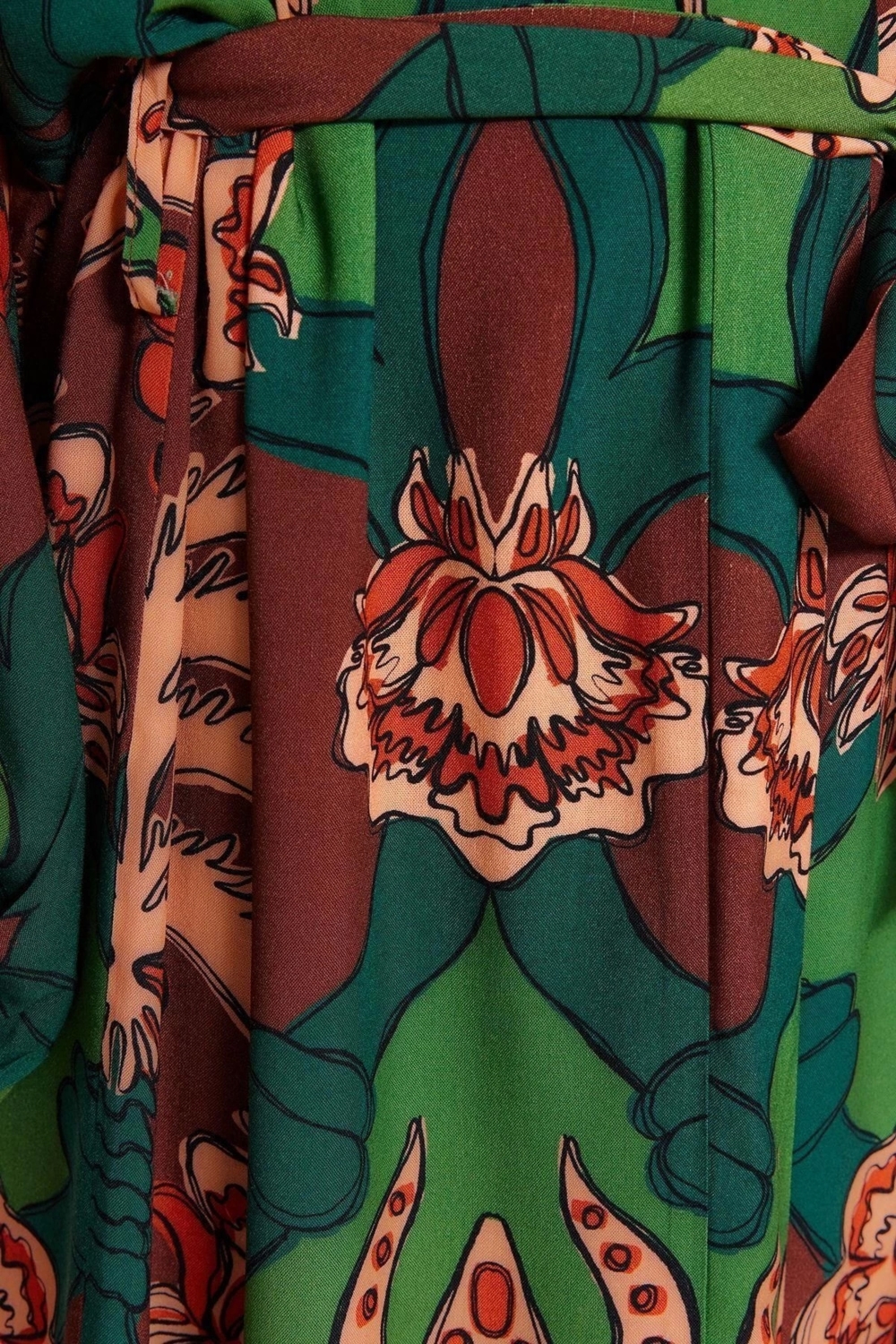 Moda Dokuma Regular Kalıp Uzun Şal Yaka Standart Kol Shally Basic Tropikal Desen Kimono Kaftan