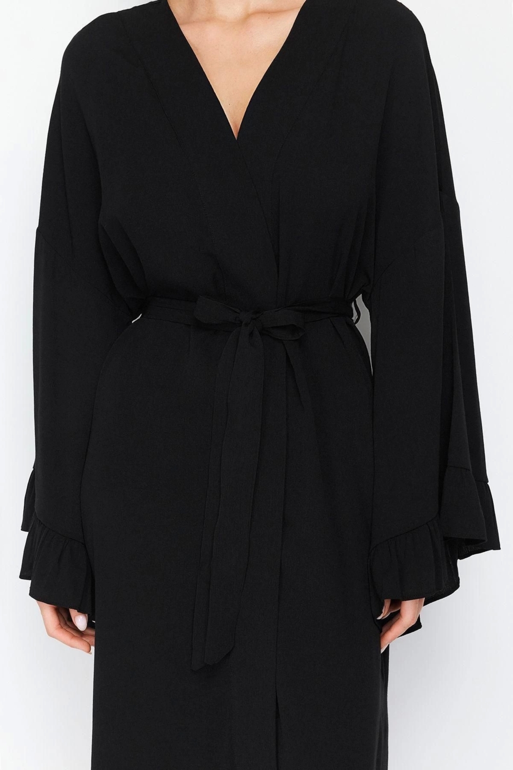 Moda Dokuma Regular Kalıp Uzun V Yaka Normal Kol Flamlı Pamuk Eteği Fırfırlı Düz Desen Kimono Kaftan