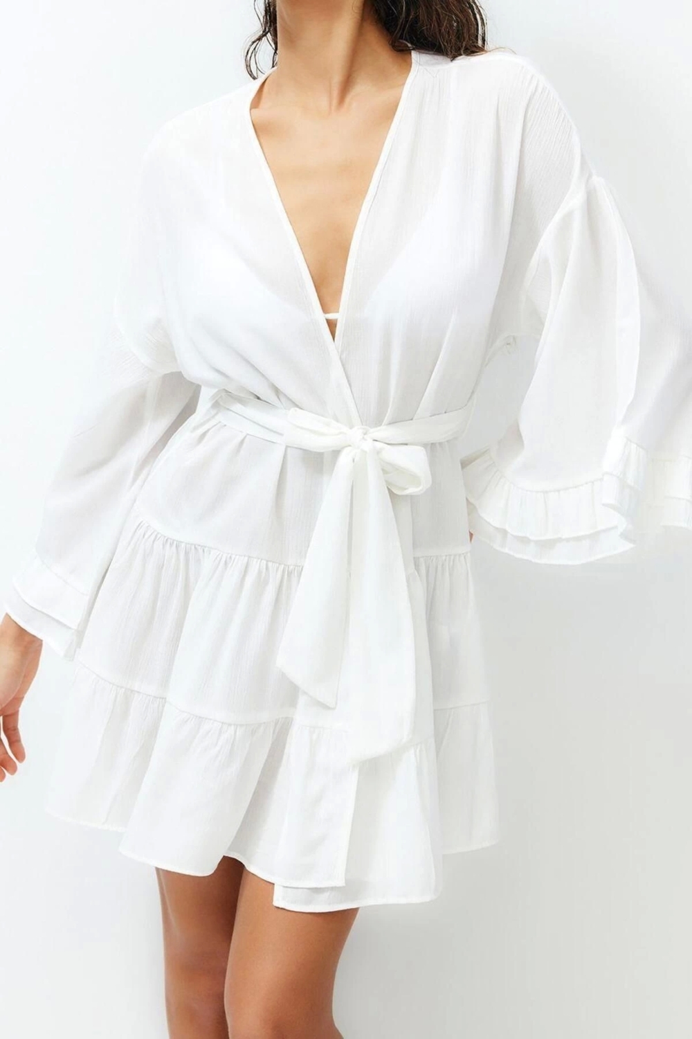 Moda Örme Oversize Kalıp Midi V Yaka BüzgülüFırfırlı Kol Crinkle Eteği Fırfırlı Düz Kimono Kaftan