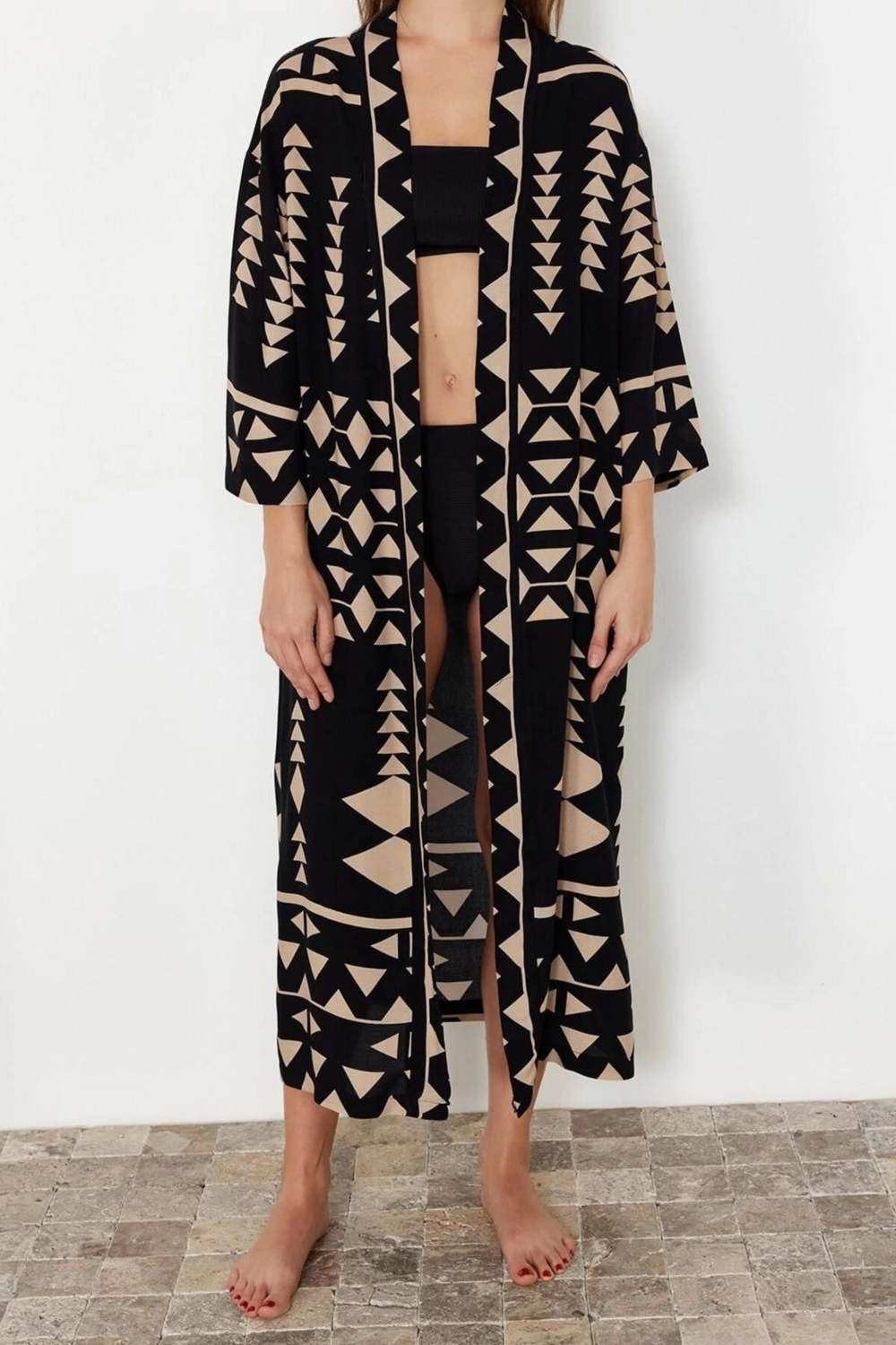 Moda Dokuma Regular Kalıp Uzun V Yaka Standart Kol Shally Basic Geometrik Desen Kimono Kaftan