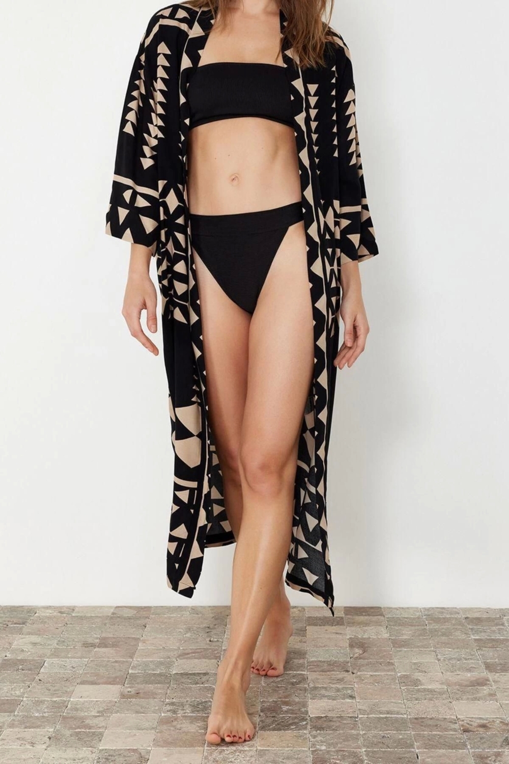 Moda Dokuma Regular Kalıp Uzun V Yaka Standart Kol Shally Basic Geometrik Desen Kimono Kaftan