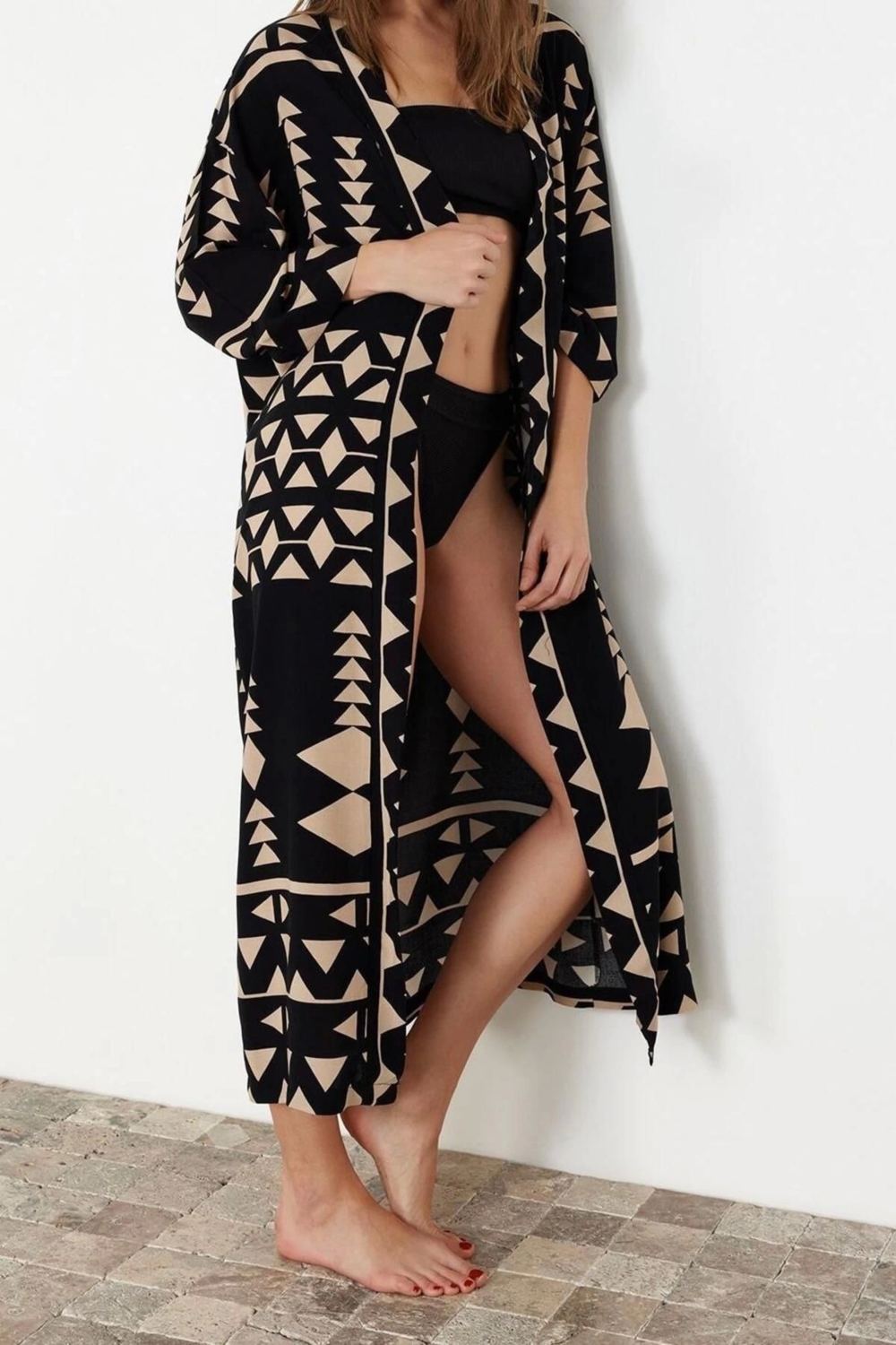 Moda Dokuma Regular Kalıp Uzun V Yaka Standart Kol Shally Basic Geometrik Desen Kimono Kaftan