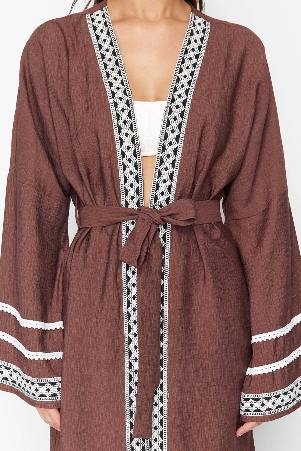 Moda Dokuma Rahat Kalıp Uzun Kruvaze Standart Kol Vual Basic Düz Desen Kimono Kaftan