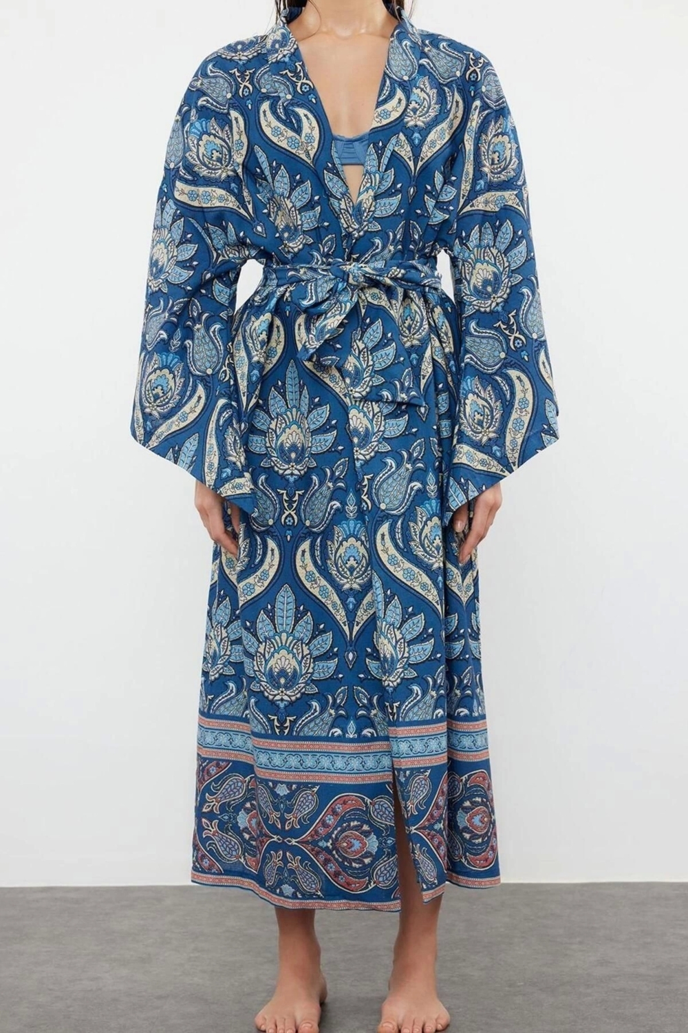 Moda Dokuma Regular Kalıp Regular V Yaka Standart Kol Flamlı Pamuk Basic Etnik Desen Kimono Kaftan