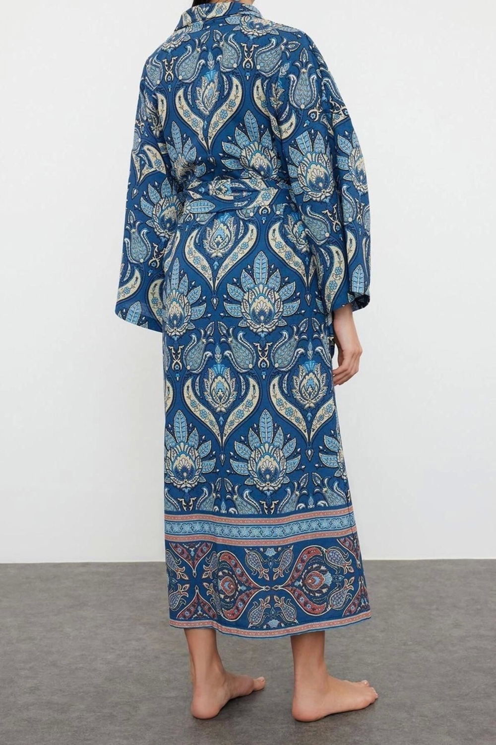 Moda Dokuma Regular Kalıp Regular V Yaka Standart Kol Flamlı Pamuk Basic Etnik Desen Kimono Kaftan