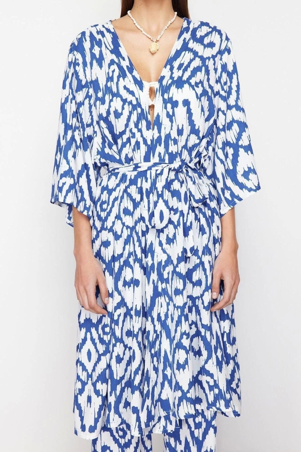 Moda Dokuma Rahat Kalıp Uzun Kruvaze Ay Kol Yoryo Şifon Basic Geometrik Desen Kimono Kaftan