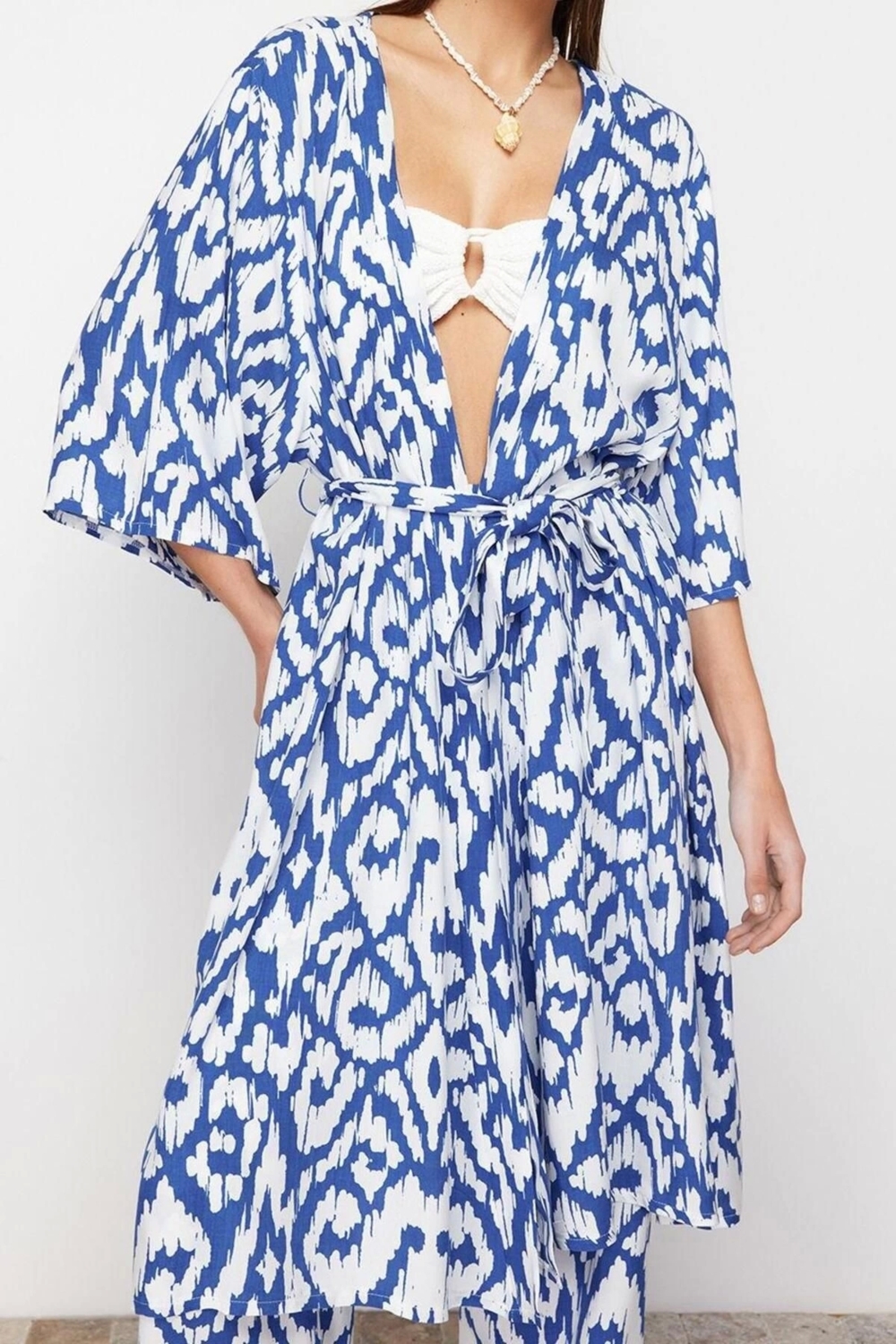 Moda Dokuma Rahat Kalıp Uzun Kruvaze Ay Kol Yoryo Şifon Basic Geometrik Desen Kimono Kaftan