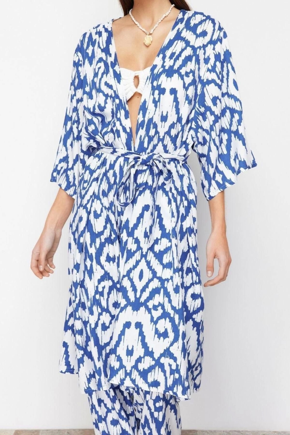 Moda Dokuma Rahat Kalıp Uzun Kruvaze Ay Kol Yoryo Şifon Basic Geometrik Desen Kimono Kaftan