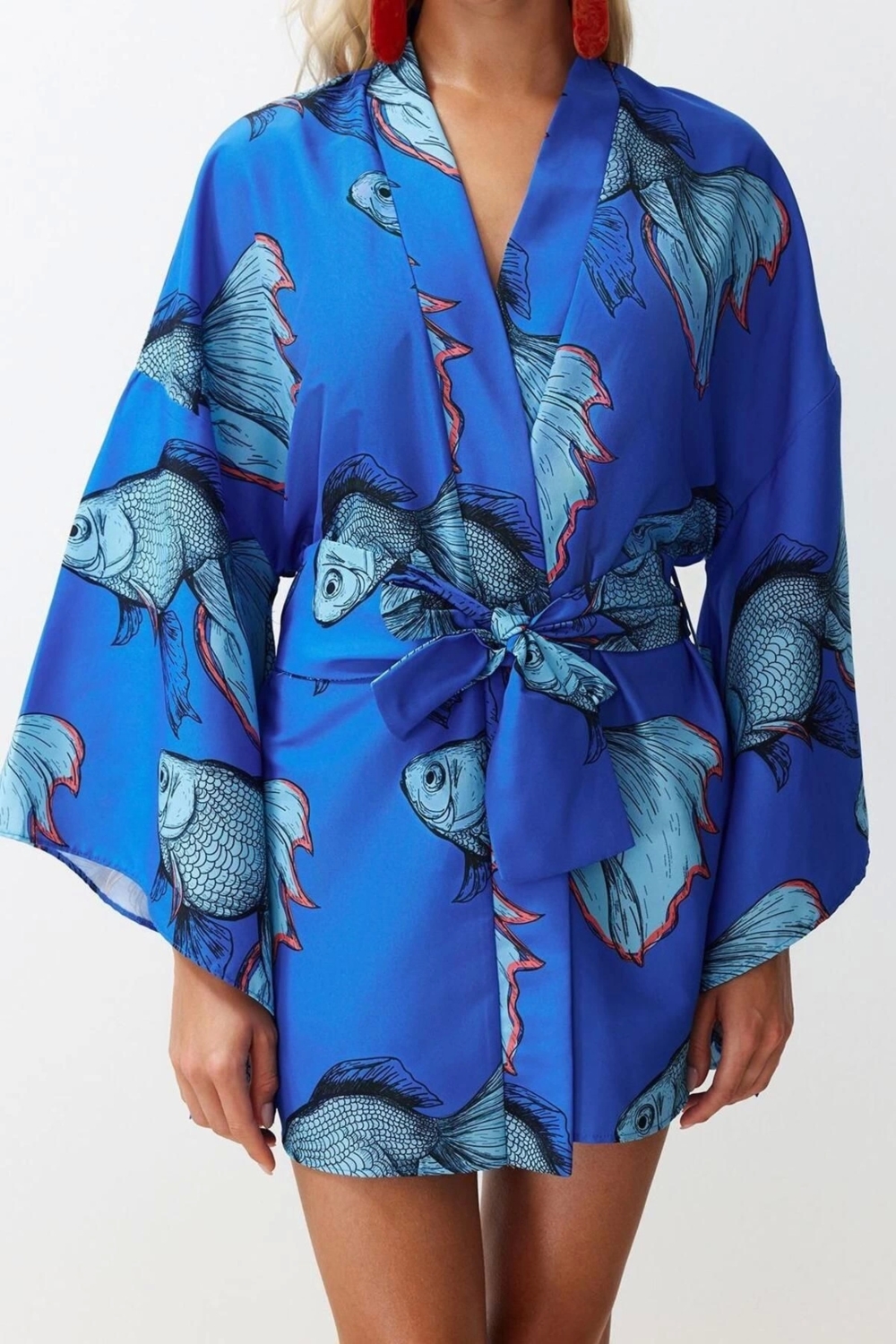 Moda Dokuma Regular Kalıp Crop V Yaka İspanyol Kol Kelly Basic Tropikal Desen Kimono Kaftan