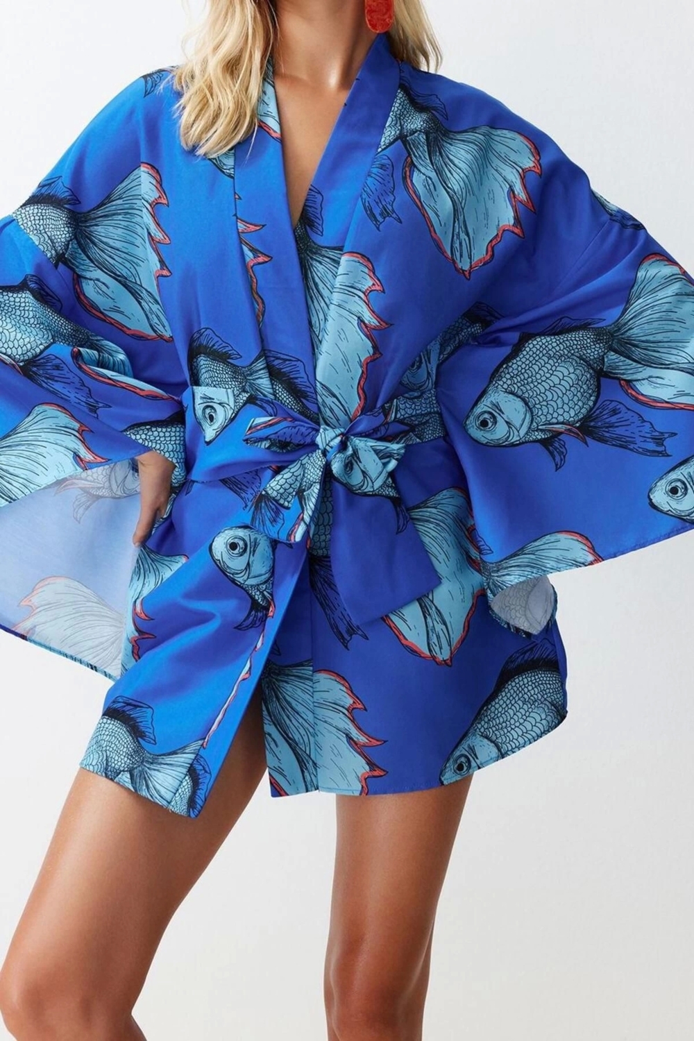 Moda Dokuma Regular Kalıp Crop V Yaka İspanyol Kol Kelly Basic Tropikal Desen Kimono Kaftan