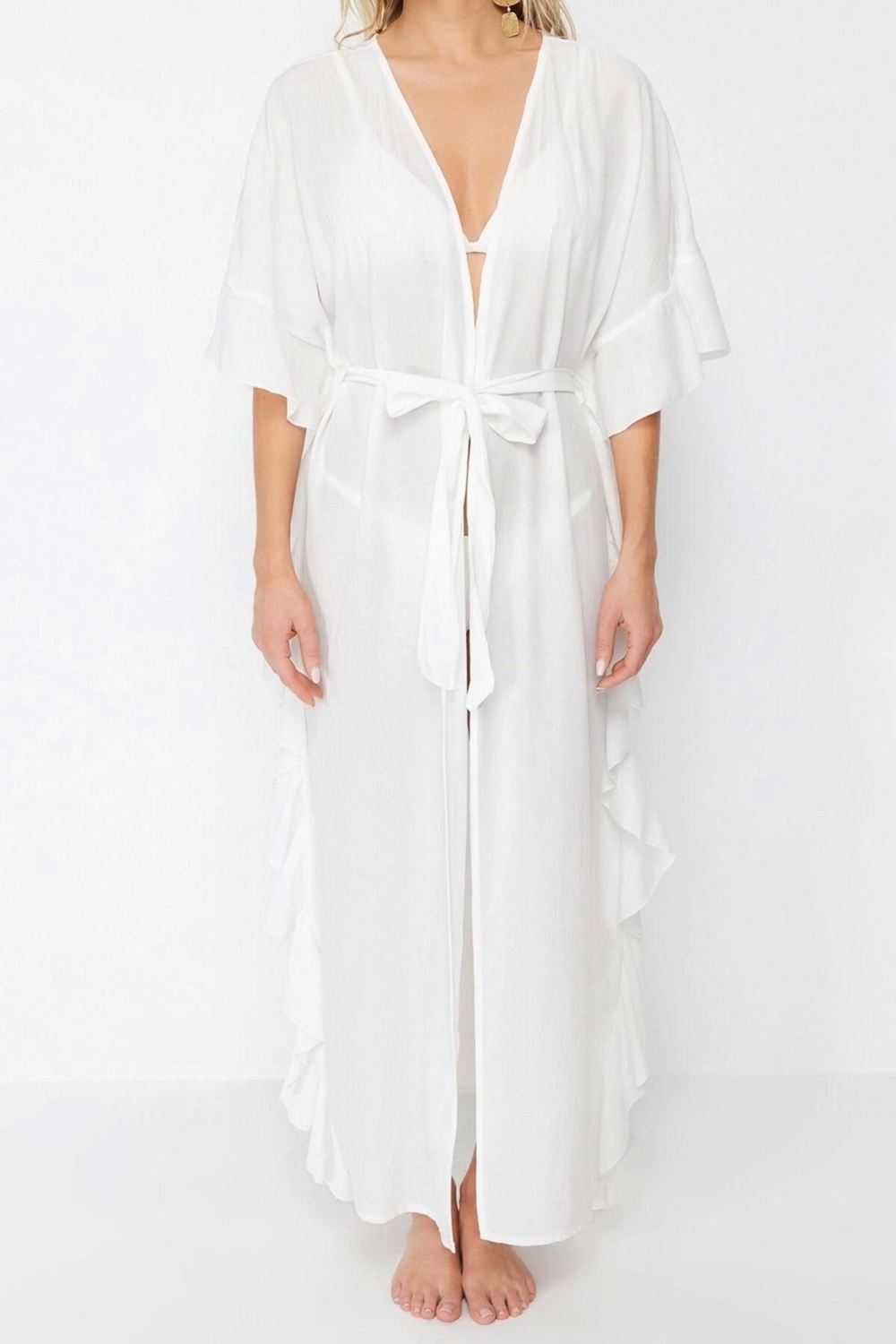Moda Örme Rahat Kalıp Maxi V Yaka Standart Kol Crinkle Eteği Fırfırlı Düz Desen Kimono Kaftan