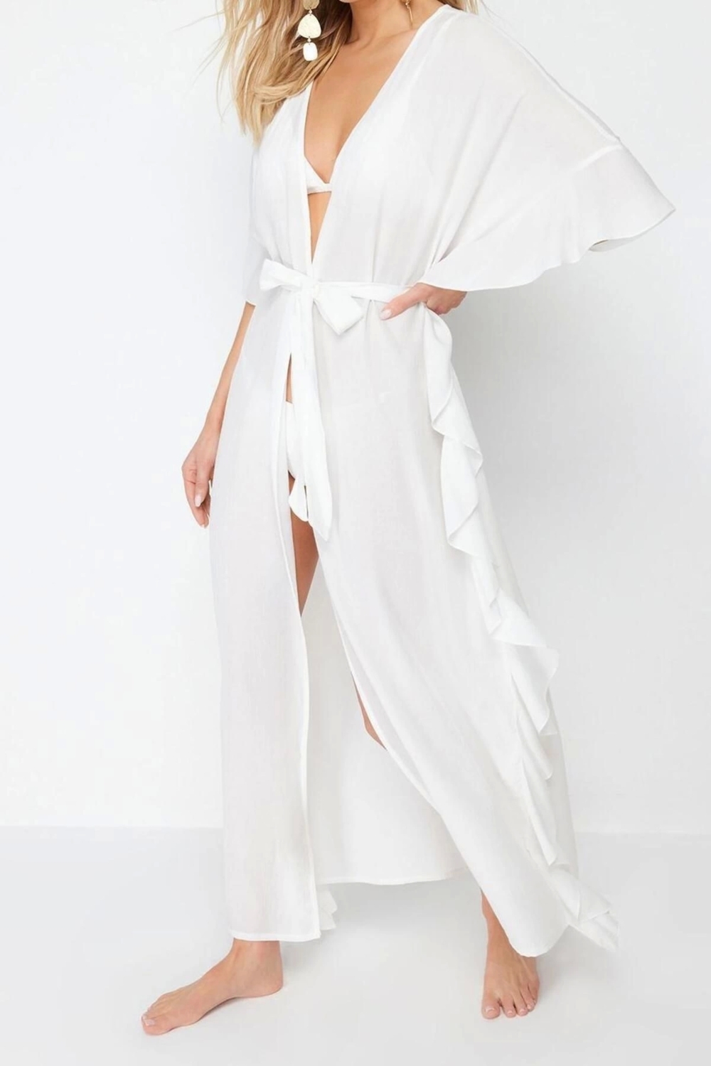 Moda Örme Rahat Kalıp Maxi V Yaka Standart Kol Crinkle Eteği Fırfırlı Düz Desen Kimono Kaftan