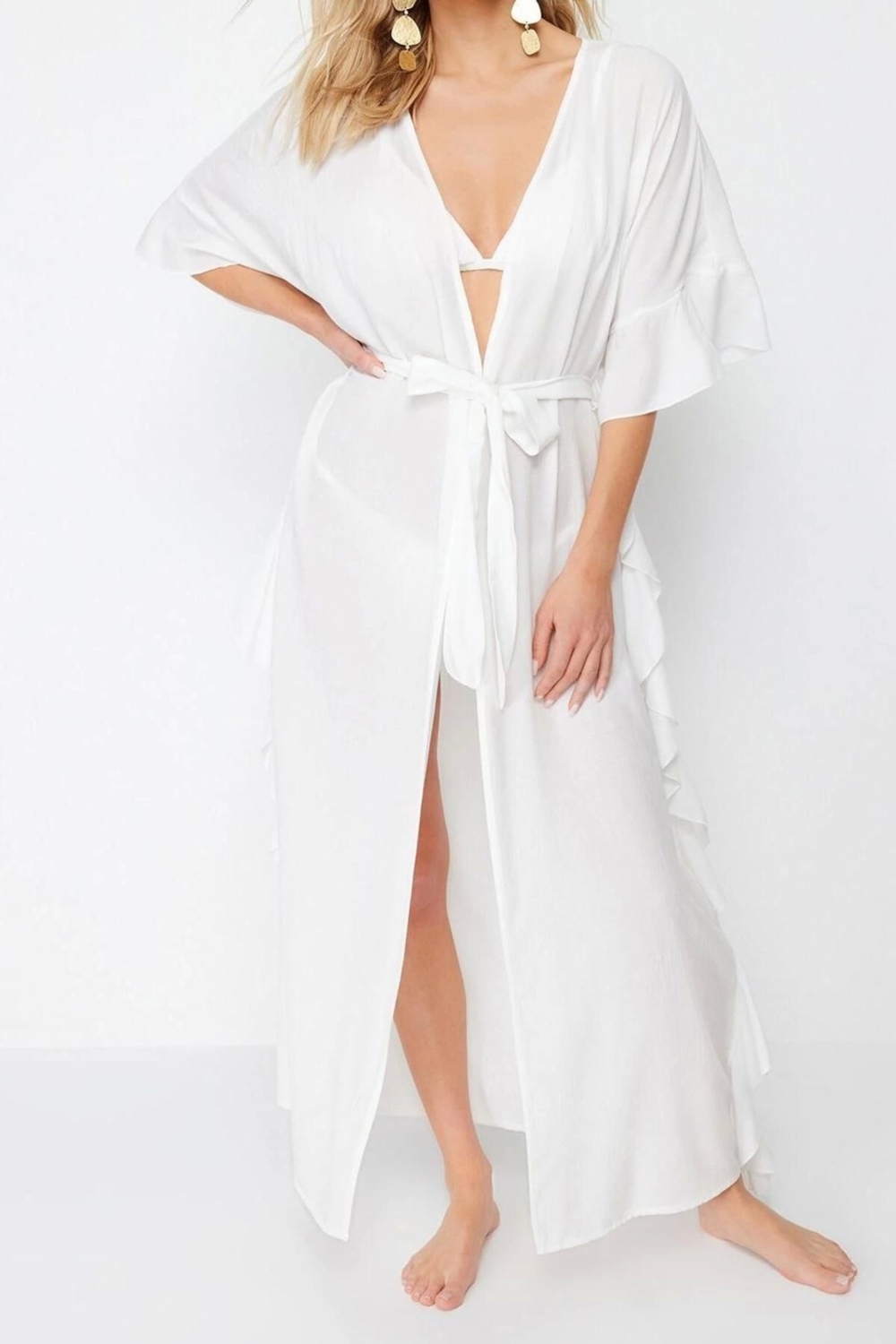 Moda Örme Rahat Kalıp Maxi V Yaka Standart Kol Crinkle Eteği Fırfırlı Düz Desen Kimono Kaftan