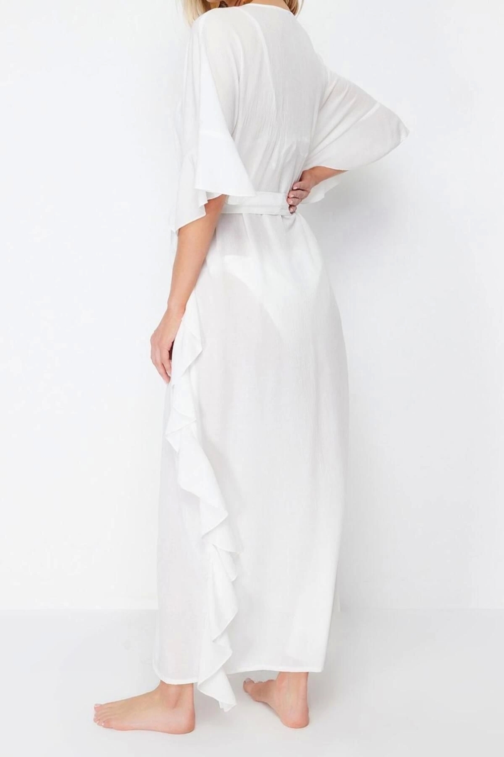 Moda Örme Rahat Kalıp Maxi V Yaka Standart Kol Crinkle Eteği Fırfırlı Düz Desen Kimono Kaftan