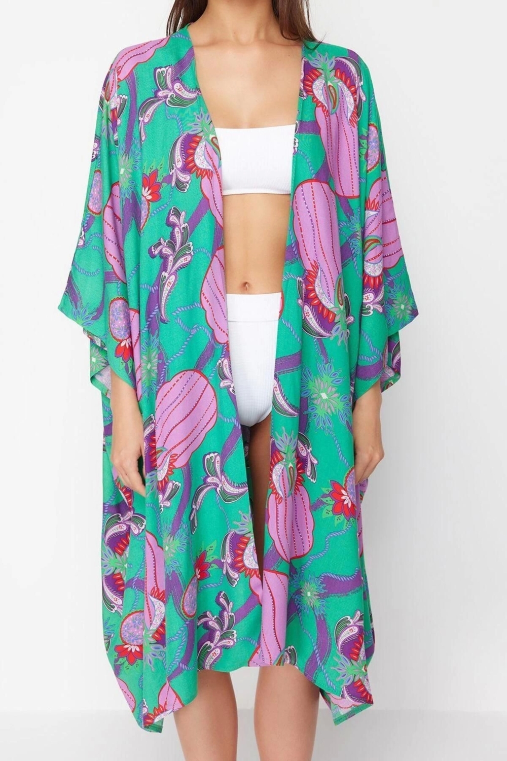 Moda Dokuma Rahat Kalıp Uzun Kruvaze Standart Kol Mesh Basic Tropikal Desen Kimono Kaftan