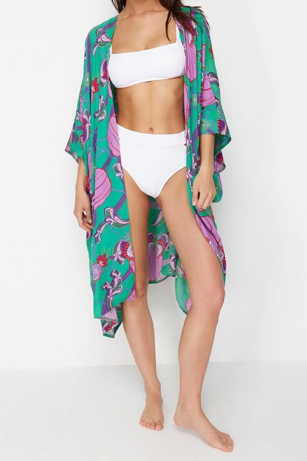 Moda Dokuma Rahat Kalıp Uzun Kruvaze Standart Kol Mesh Basic Tropikal Desen Kimono Kaftan