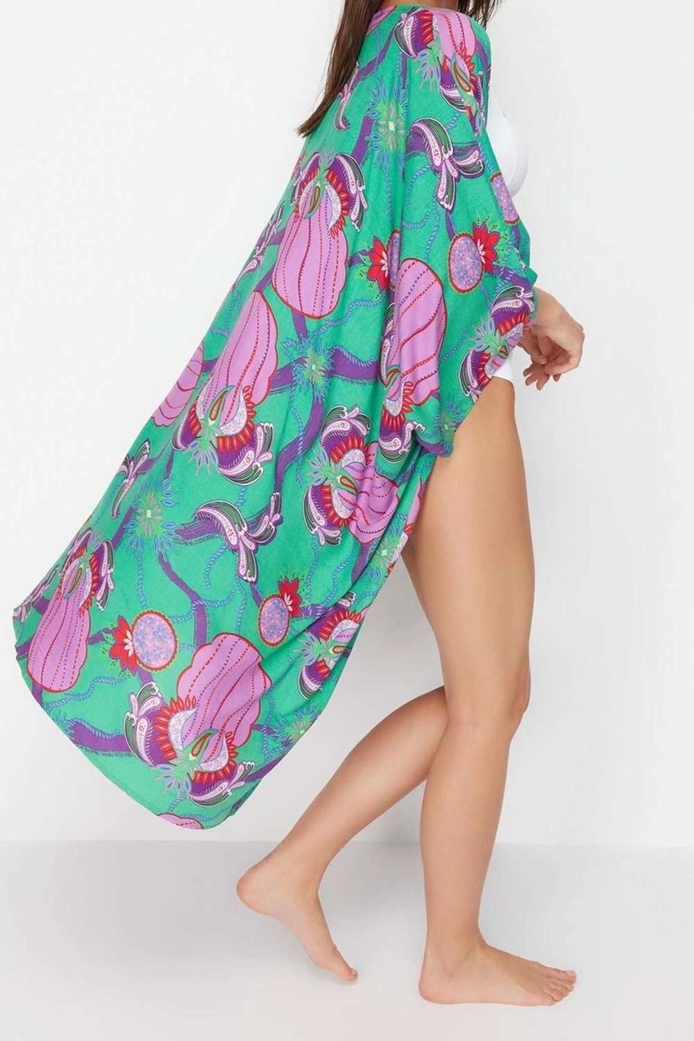 Moda Dokuma Rahat Kalıp Uzun Kruvaze Standart Kol Mesh Basic Tropikal Desen Kimono Kaftan