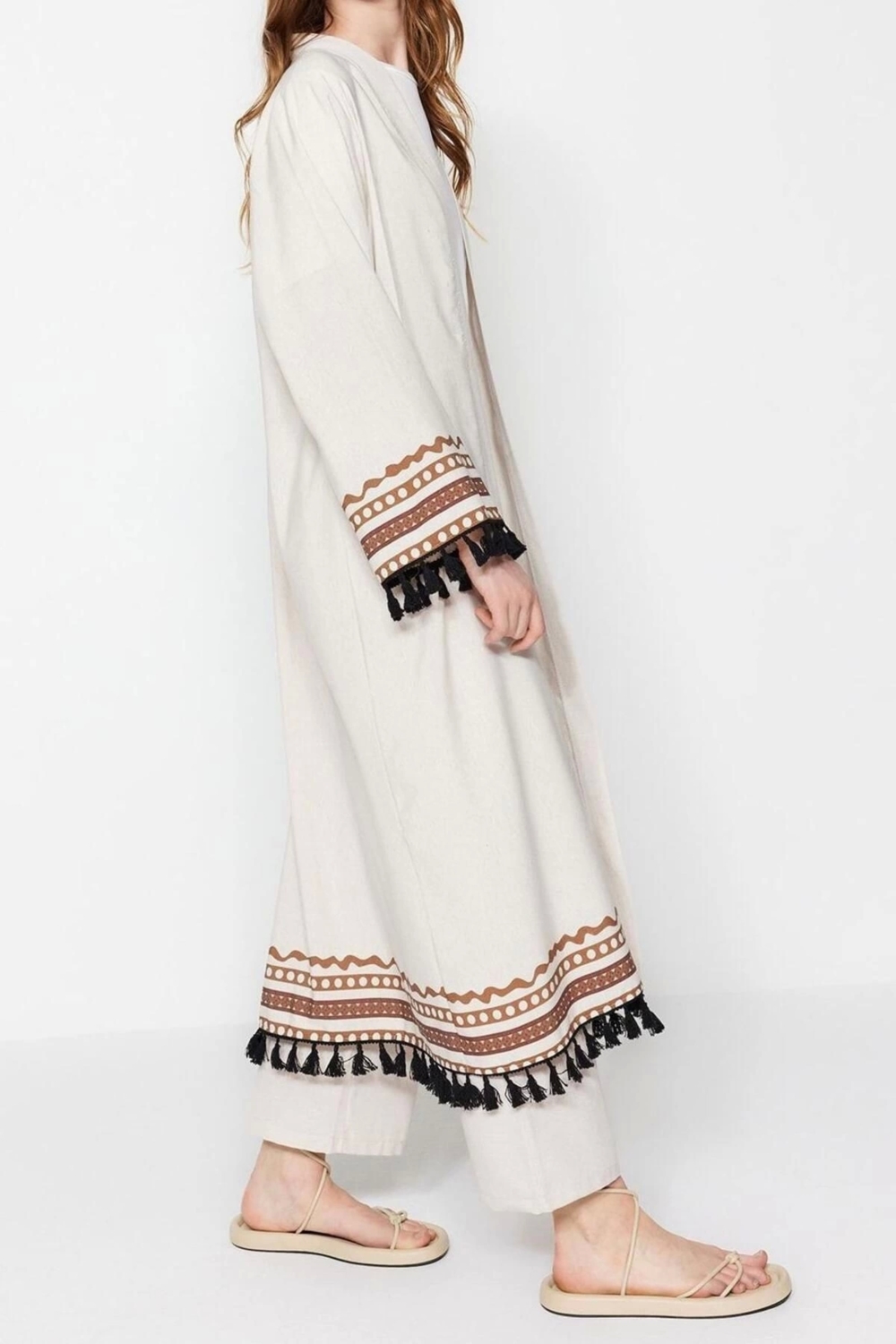 Moda Dokuma Rahat Kalıp Uzun Kruvaze Düşük Kol Keten görünümlü Kruvaze Tesettür Giyim Kimono Kaftan