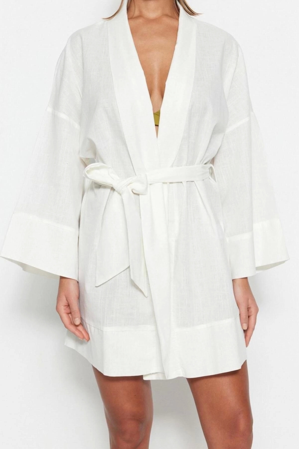 Moda Dokuma Rahat Kalıp Uzun Şal Yaka Standart Kol Flamlı Pamuk Basic Düz Desen Kimono Kaftan
