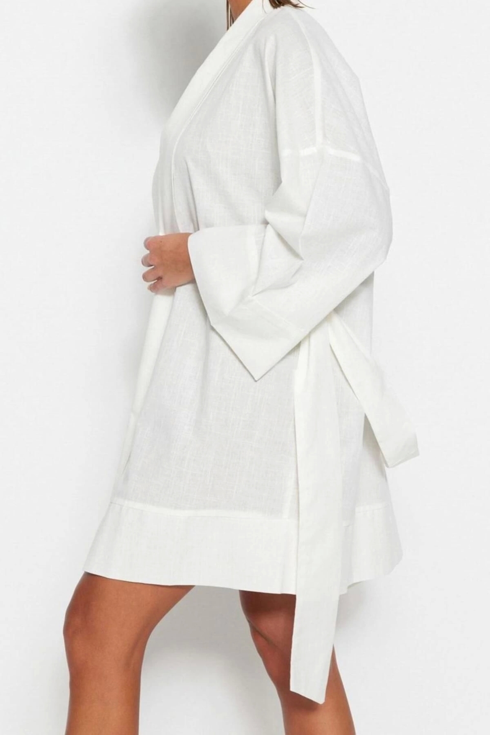Moda Dokuma Rahat Kalıp Uzun Şal Yaka Standart Kol Flamlı Pamuk Basic Düz Desen Kimono Kaftan
