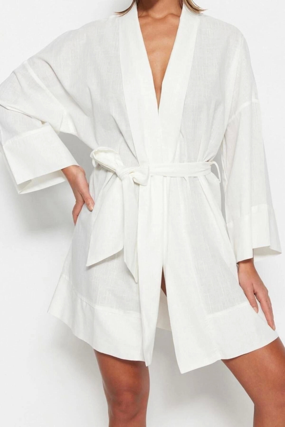 Moda Dokuma Rahat Kalıp Uzun Şal Yaka Standart Kol Flamlı Pamuk Basic Düz Desen Kimono Kaftan