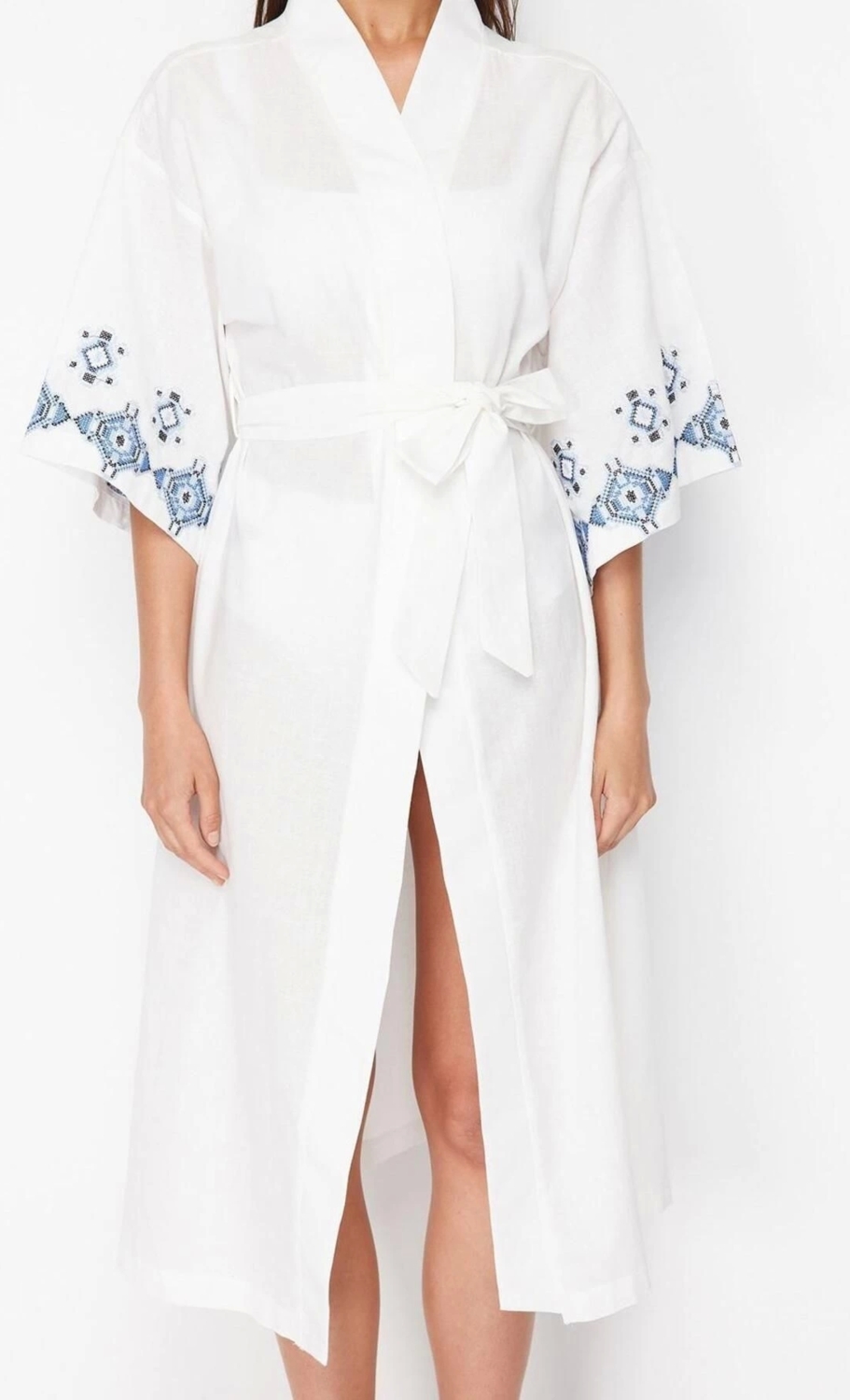 Moda Dokuma Oversize Kalıp Uzun V Yaka Standart Kol Flamlı Pamuk Basic Düz Desen Kimono Kaftan
