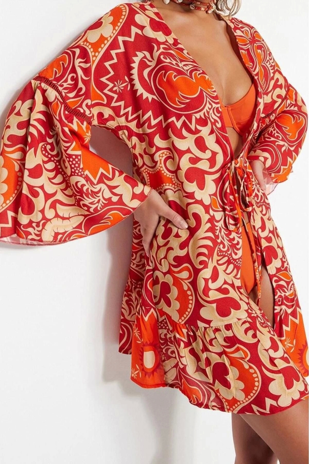 Moda Dokuma Regular Kalıp Crop V Yaka Standart Kol Shally Basic Etnik Desen Kimono Kaftan